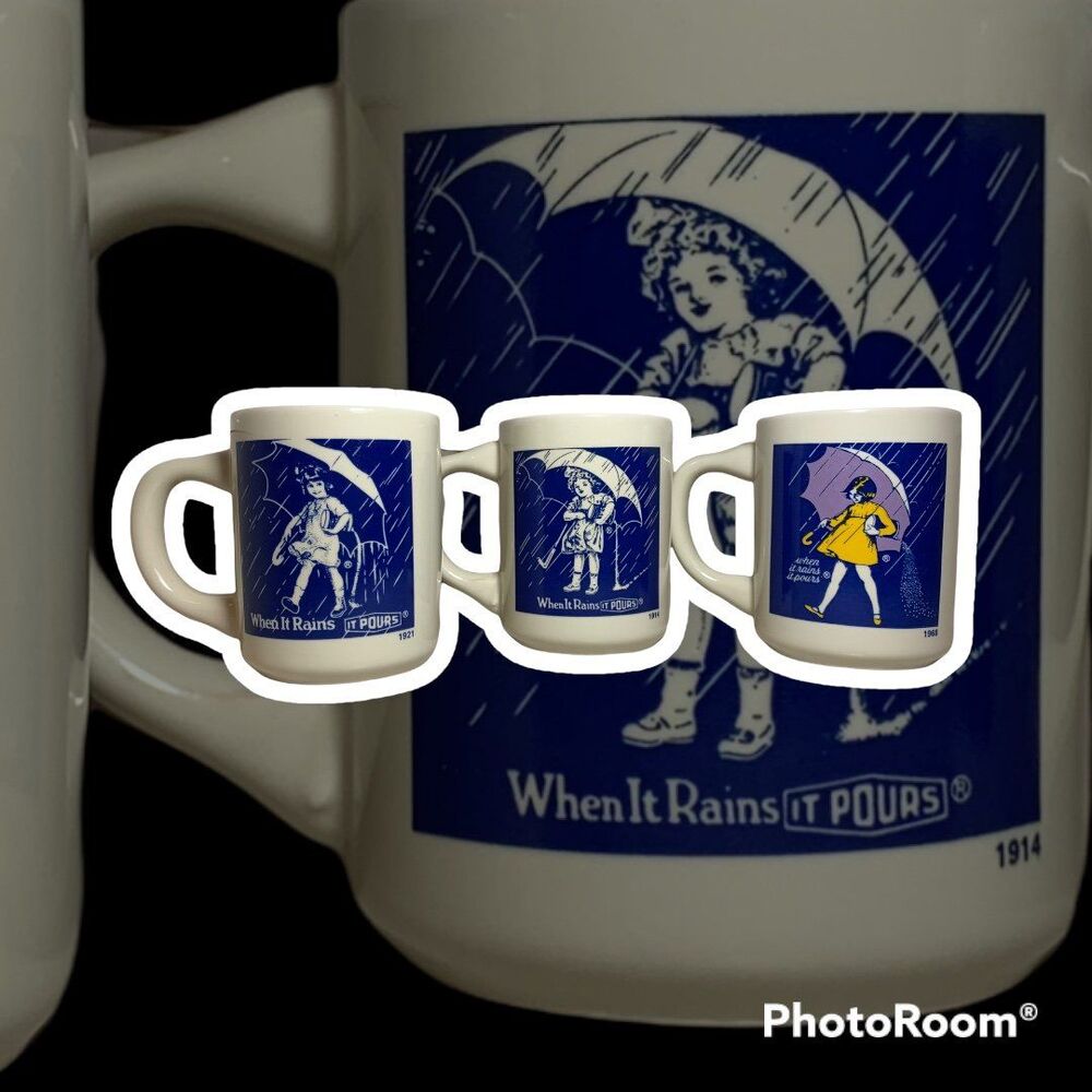 set of 3 Morton Salt Advertising Slogan Coffee Cup Mug When It Rains I